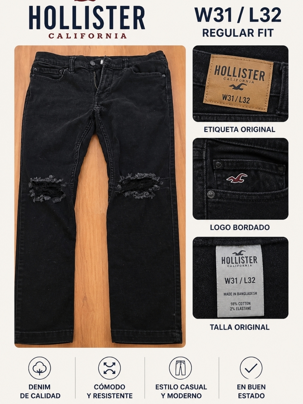 Hollister Black Distressed Men’s Jeans - W31/L32 Regular Fit